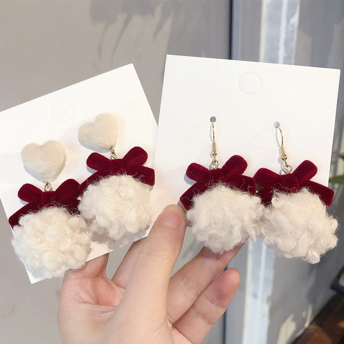 Wholesale  Ball Red Earrings Christmas Bow Plush Cute Earrings Ear Clip