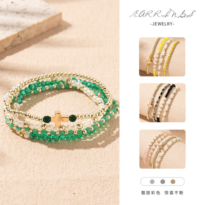 Wholesale Colorful Crystal Elastic Bracelets Ins Style Niche Stacked Cross Bracelet Set