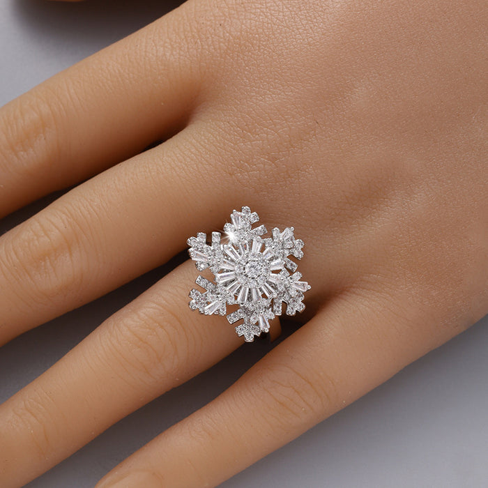 Wholesale Alloy Full Diamond Snowflake Double Layer Rotatable Open Ring JDC-RS-ZhuoM002