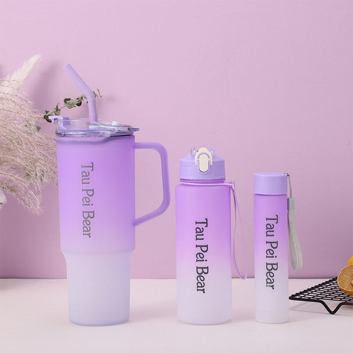 Wholesale Three-piece gradient color large capacity portable straw plastic cup set