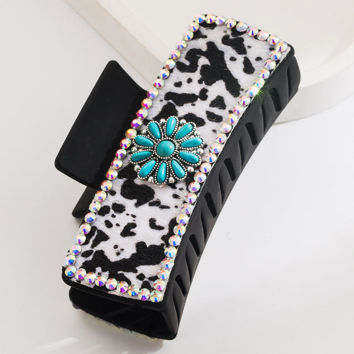 Wholesale retro leopard print leather clip western Denim wind encrusted turquoise hair clip