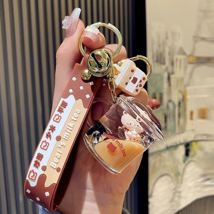 Wholesale bubble tea keychain floating small milk bear liquid quicksand bottle pendant couple gift bag hanging ornaments for women