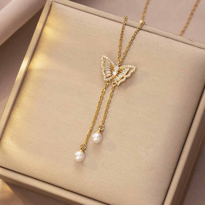 Wholesale Necklace, butterfly tassel, niche, simple, fashionable temperament, titanium steel lock chain