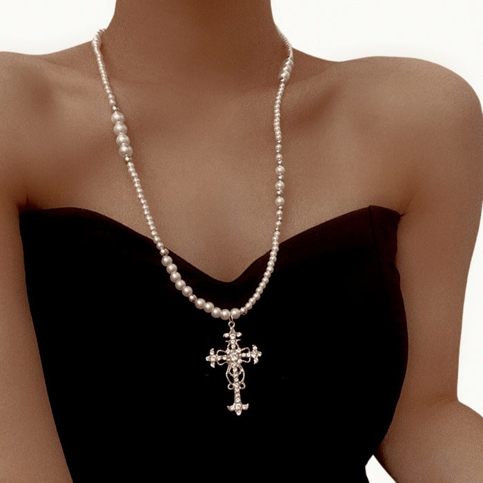 Wholesale Stacked Cross Pearl Long Necklace Niche Clavicle Chain
