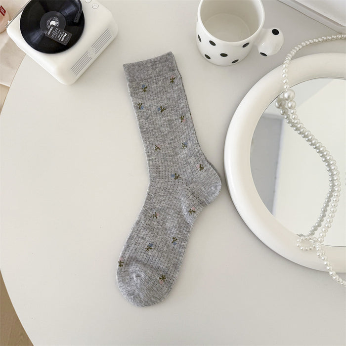 Wholesale Boneless card silk floral retro mid length socks with mesh breathable and versatile design