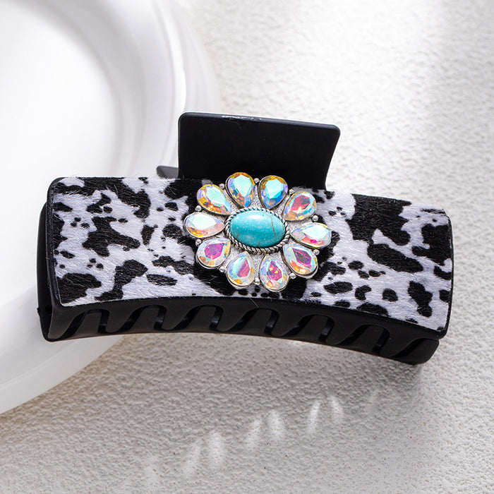 Wholesale Bohemian turquoise grab clip high-end female retro leopard print sequined leather ethnic style back of the head shark clip