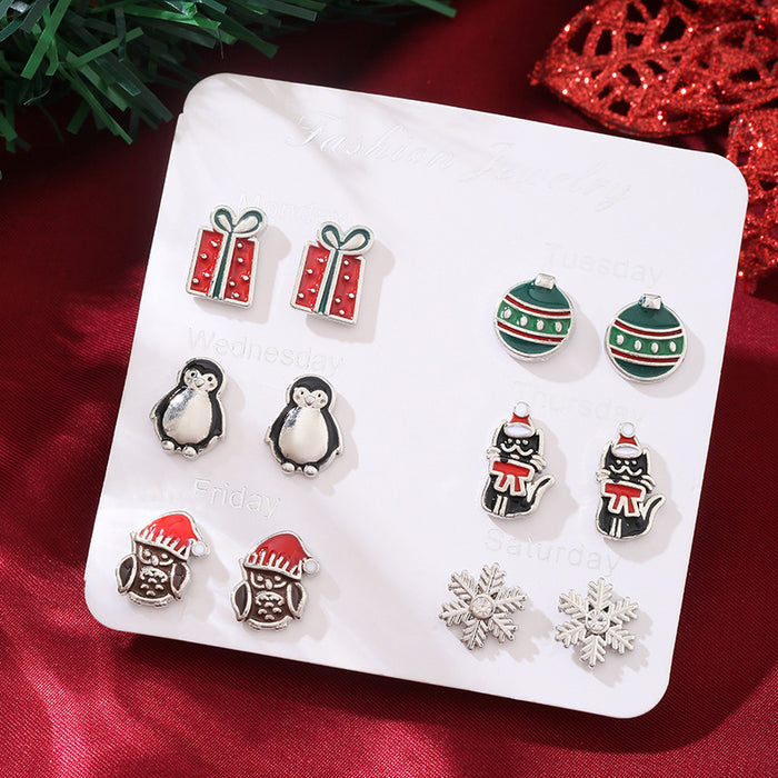 Wholesale Christmas Earrings Combination New Cartoon Holiday Alloy Oil Dropping Elk Bell Earrings suit