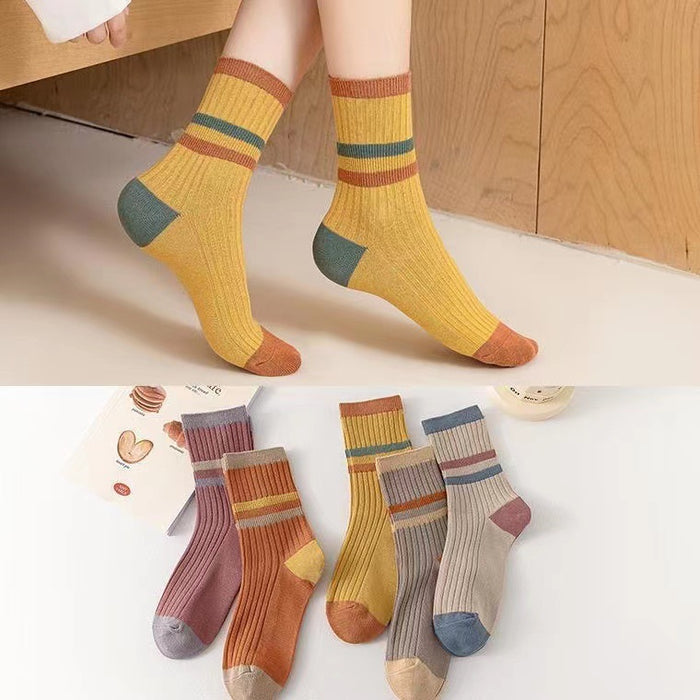 Wholesale Socks for Women Cotton Mid Socks Long Socks Double Needle Stripe Color Blocked Japanese Women JDC-SK-JiaMu003