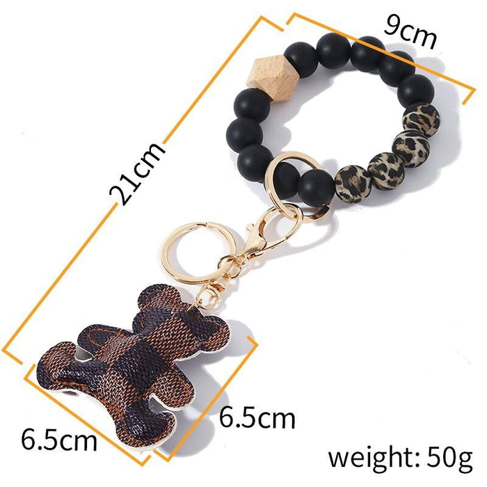 Wholesale Off-white Brown Plaid Bear PU Leather Silicone Beaded Wrist Keychain JDC-KC-HTong003