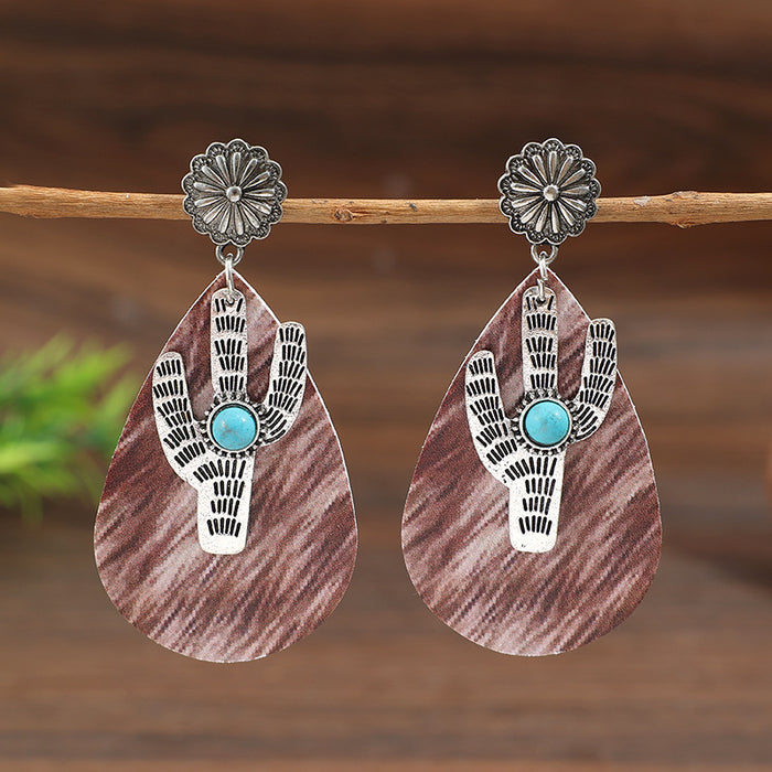 Wholesale Western style retro water droplet shaped printed pattern splicing cactus leather earrings and earrings