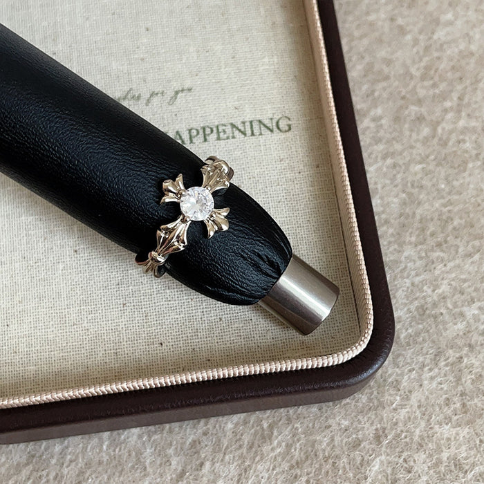 Wholesale Cross-shaped flower zircon brown gold ring