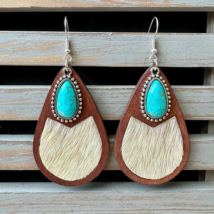Wholesale Western genuine leather earrings classic horse hair leopard embossed cowhide water drop vintage earrings