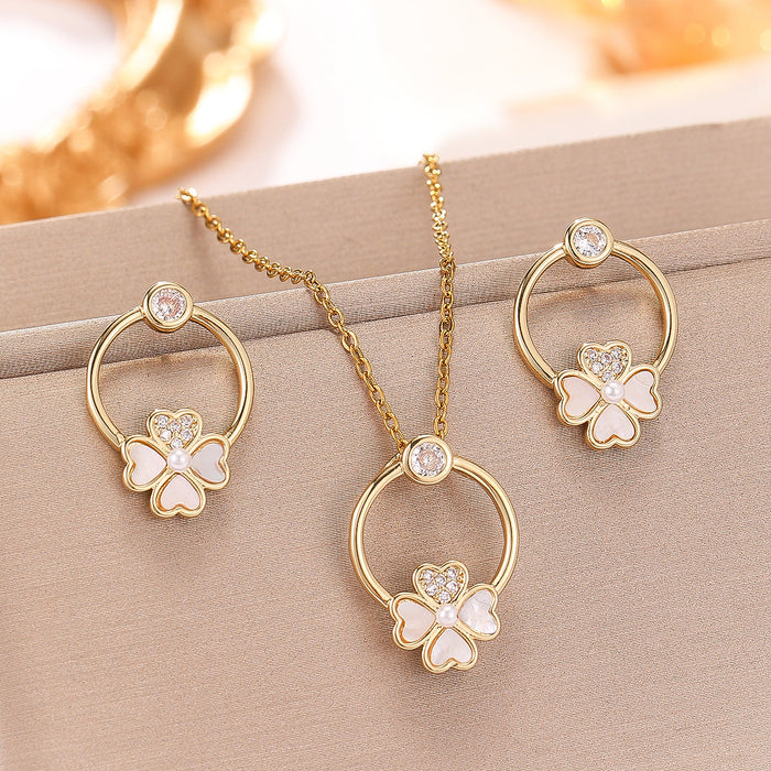 Wholesale Simple Copper Zircon Petal Necklace Earrings 2 Piece Set Simple Four-leaf Clover Shell suit