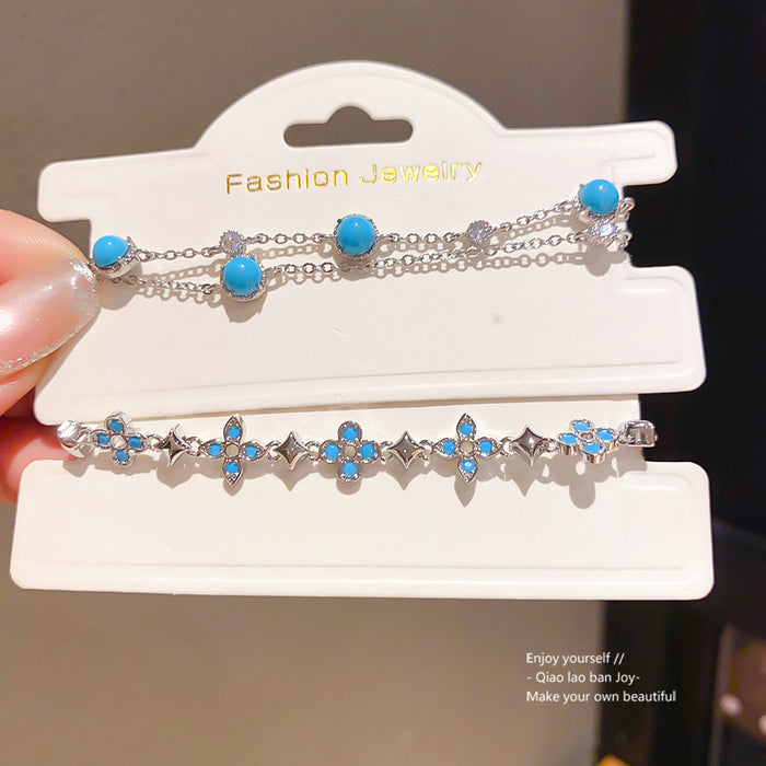 Wholesale Copper Zircon Flower Double-Layer Adjustable Bracelet Jewelry Accessory