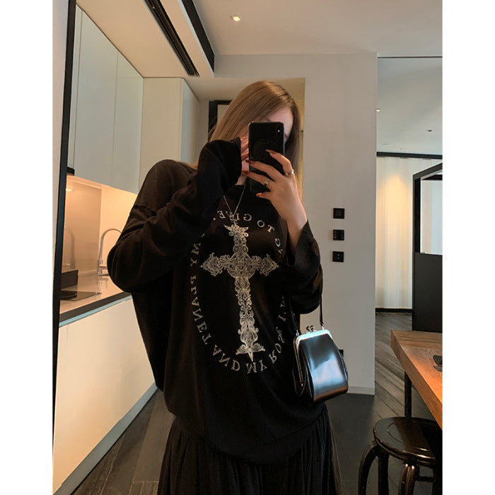 Wholesale Drapey raw edge printed long-sleeved loose T-shirt design mid-length for women