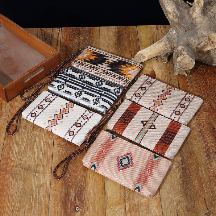 Wholesale European and American Retro Cotton and Linen Printed Western Women' s Wallet Clutch Mobile Phone Bag Bohemian Cross-Border Amazon Tk