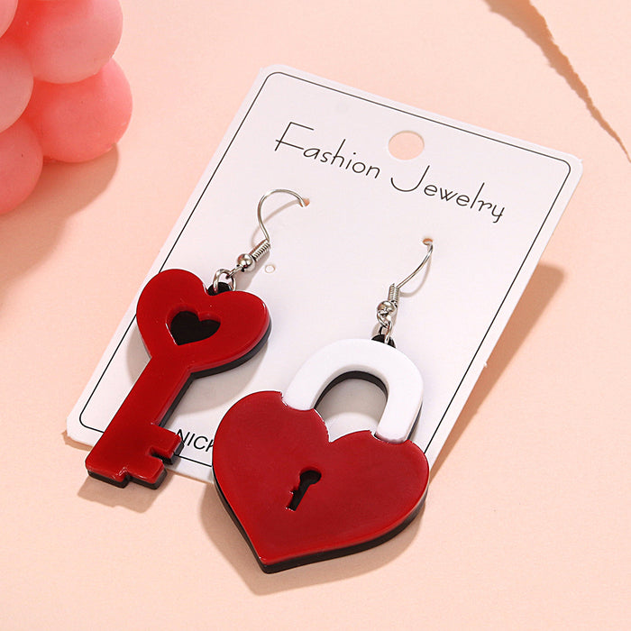 Wholesale Heart Key Earrings Handmade Cute Romantic Big Red Heart-Shaped Valentine' s Day Acrylic Earrings