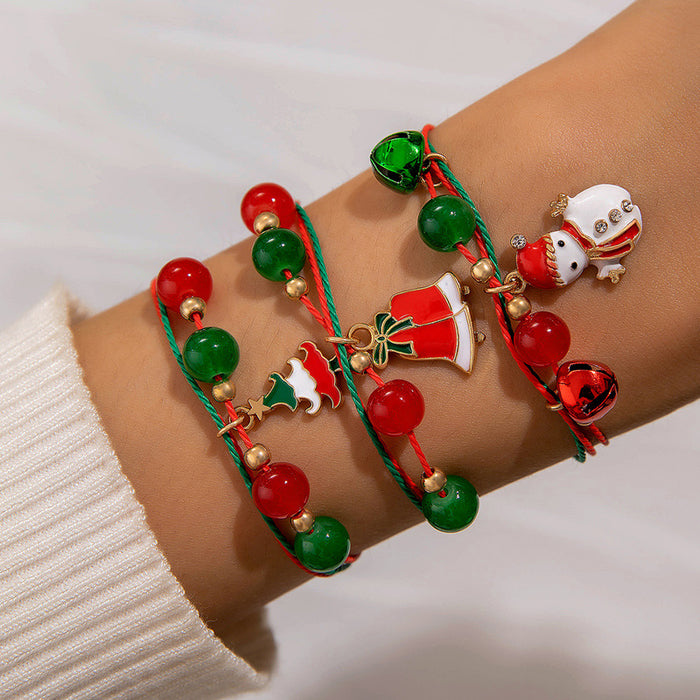 Wholesale Christmas Cute Bells Santa Reindeer Snowman Pendant Red Rope Bracelet Fashion Accessory Gift MOQ≥2