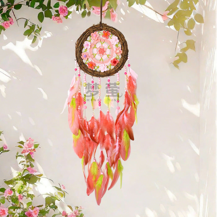Wholesale Chic Handmade Vine Dreamcatcher Feather Wall Hanging Pink Garden Decor MOQ≥2