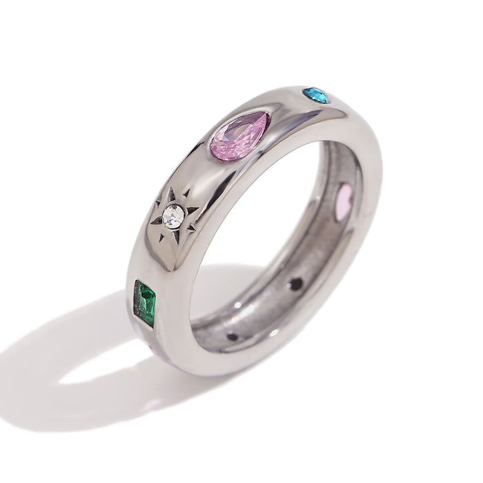 Wholesale Stainless steel gold-plated rectangular teardrop geometric colored zircon ring
