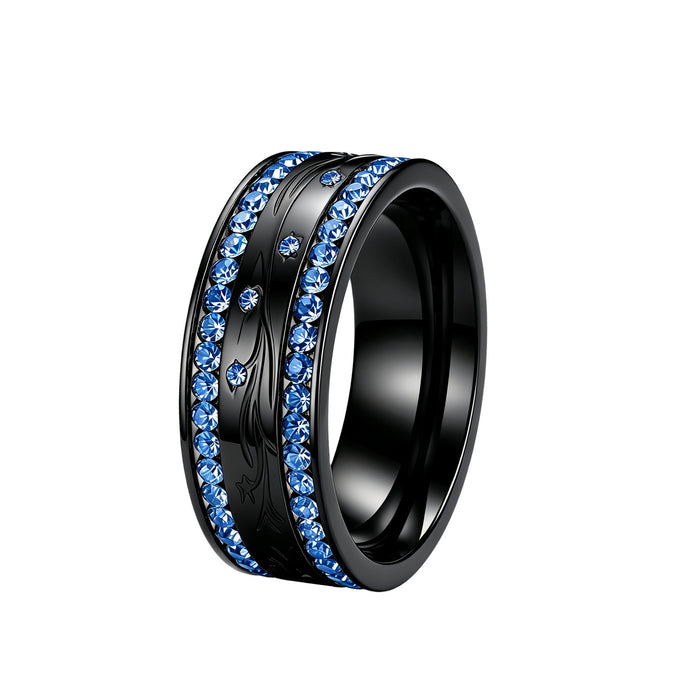 Wholesale Retro Carved Wide Band Ring Gold Stainless Steel Blue Tone Fashion Accessory