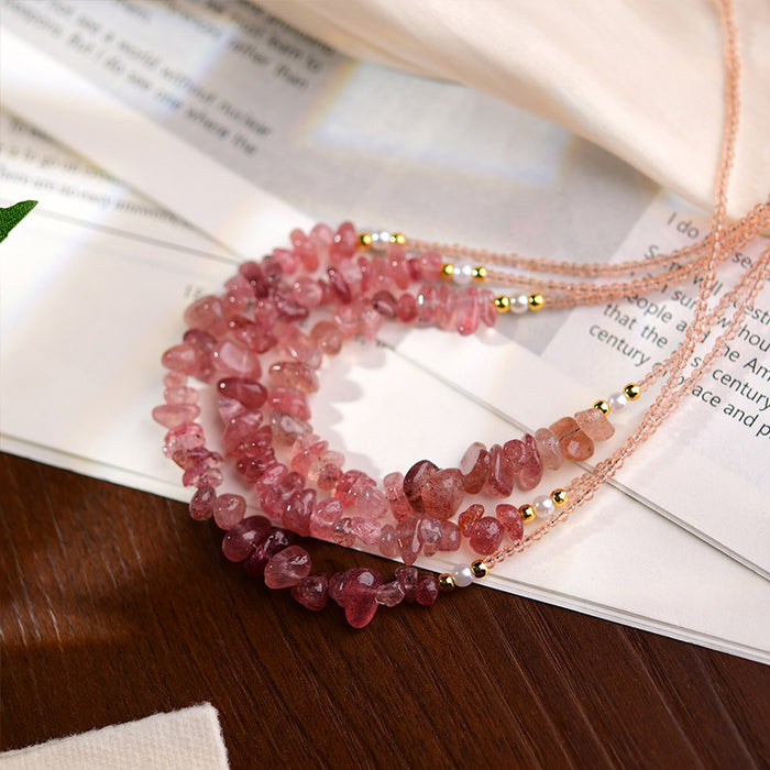 Wholesale Pink crystal necklace, crystal raw stone necklace, niche peach blossom crystal crushed stone necklace