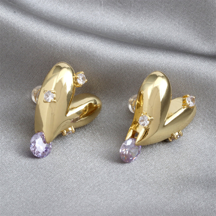 Wholesale Earrings Inlaid Purple Zircon Heart Gold Plated Copper JDC-ES-PREMTIANY003