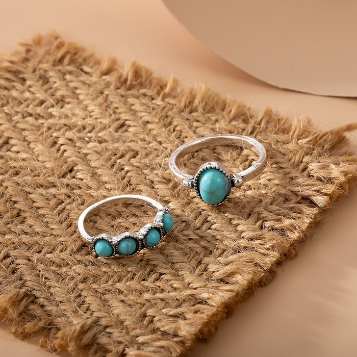 Wholesale Ethnic Style Retro Turquoise Carved Feather Ring Fashionable and Personalized 8-Piece Combination Ring Set