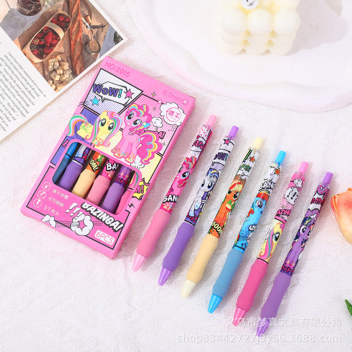 Wholesale 6pcs/set Pink Pony Brush Pen Sponge Cloud Hold Pen Quick-drying Push Pen Gel Pen Student Burden Reduction Black Pen