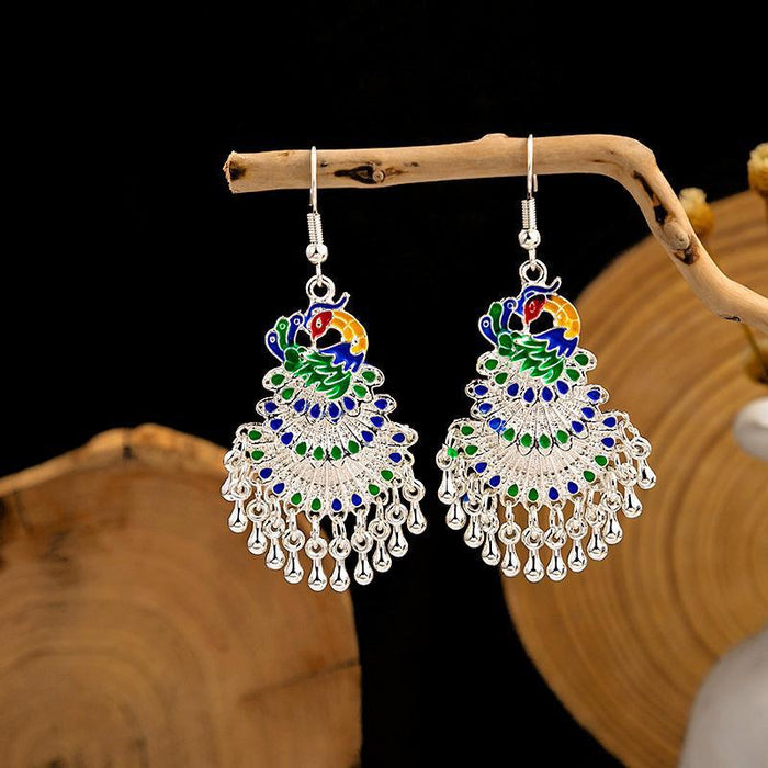 Wholesale Cloisonne Peacock earrings  silver minority totem Phoenix bell earrings
