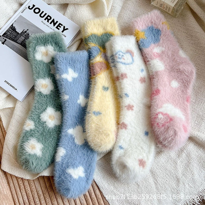 Wholesale Plush cartoon-print warm thick cute mid-calf socks