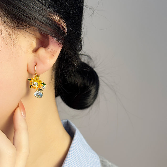 Wholesale Design Sunflower Earrings with Drip Oil Sunflower Sparkling Diamond Earrings and Earrings