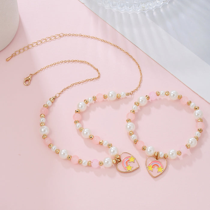 Wholesale Sweet pearl beaded necklace bracelet suit Heart pendant necklace jewelry