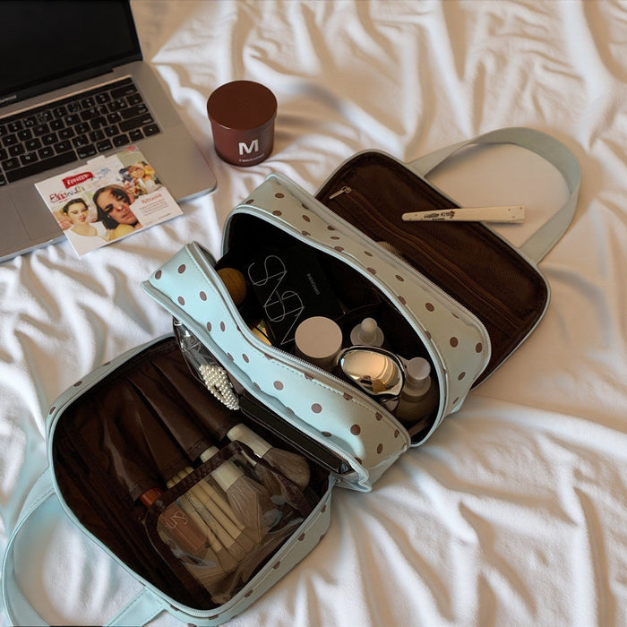 Wholesale Mint Green Polka Dot Cosmetic Bag Three Layer Large Capacity PU Travel Storage Pouch