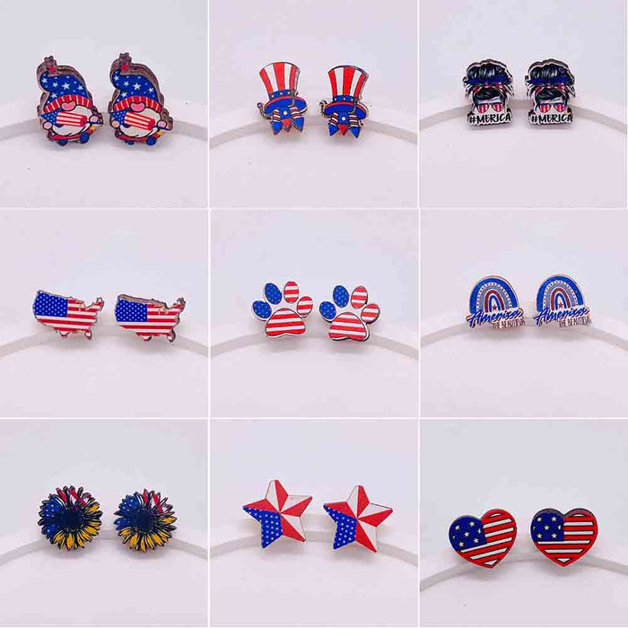 Wholesale Independence Day Wooden Earrings US Flag Heart-shaped Five-pointed Star Sunflower Earrings