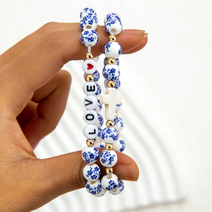 Wholesale Chinese Vintage Ceramic Bead Bracelet with Alphabet Cross Design Fashion Accessory Gift MOQ≥2