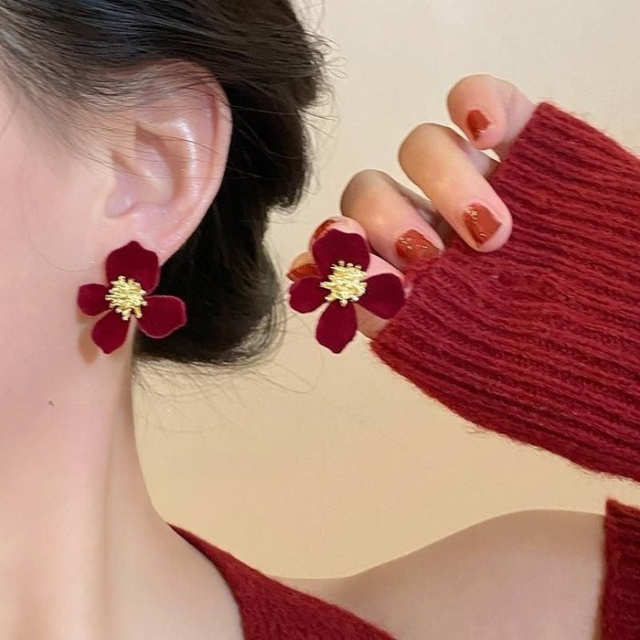 Wholesale  wine red velvet rose pearl earrings  earrings