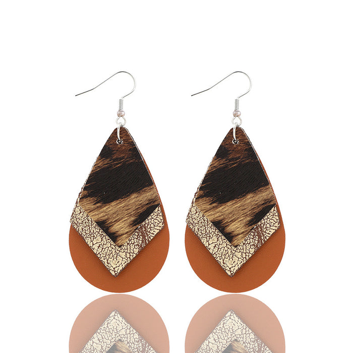 Wholesale Western Denim Three-layer Leopard Print Drop-shaped Leather Earrings JDC-ES-YiTian002