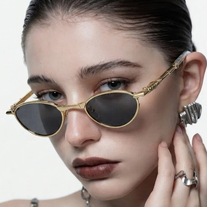 Wholesale Foldable Metal Oval Sunglasses with Rhinestones UV400 Gold Frame Gray Lens for Resale