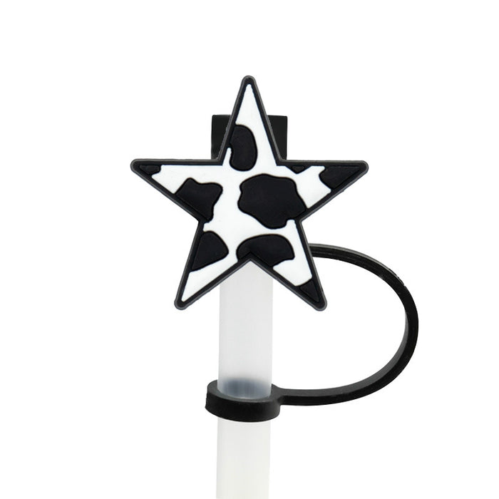 Wholesale of 10pcs Cow Patterned Pentagonal Silicone Dustproof Straw Plugs JDC-SCR-KuaJi012