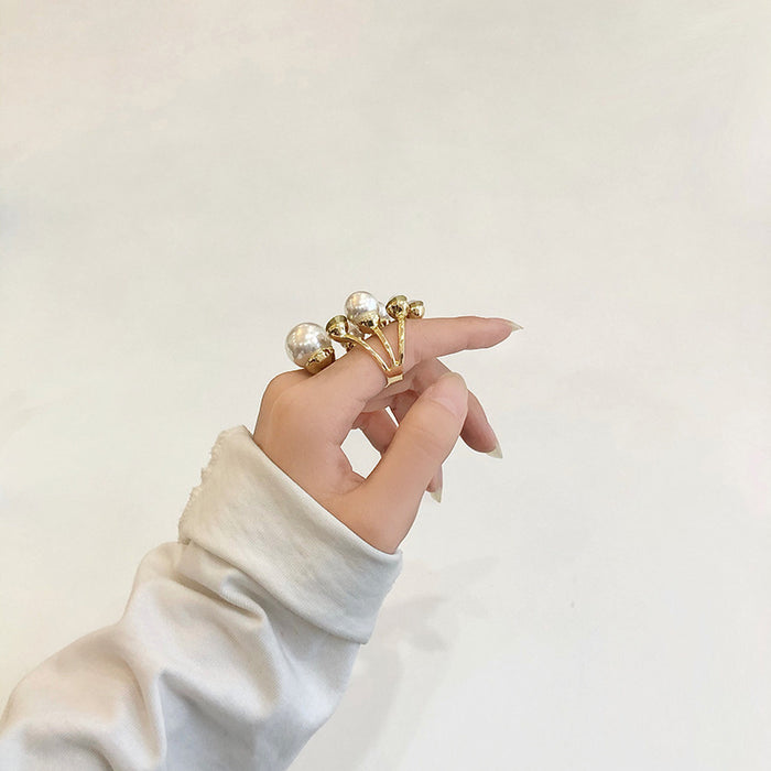 Wholesale Diamond-Encrusted Pearl Asymmetrical Open Ring