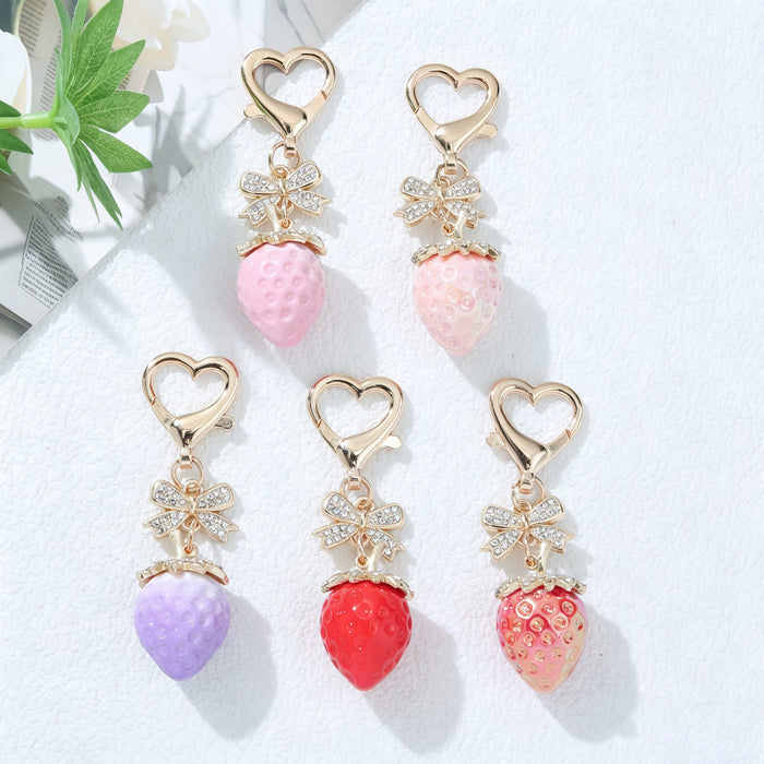 Wholesale Zinc Alloy Strawberry Keychain Pendant Bow Heart Design Sweet Style Boutique Resale Car Key Accessory