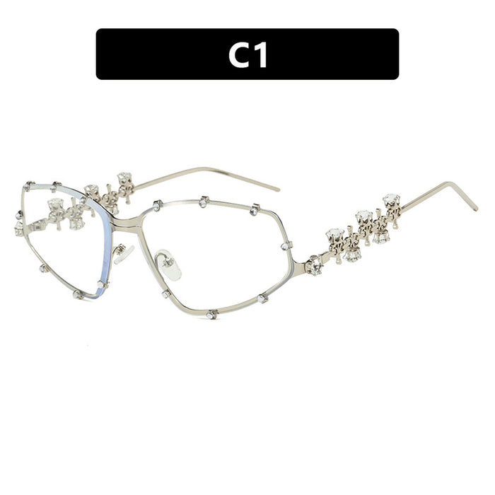 Wholesale Diamond studded glasses frame, fashionable with diamond shaped flat lens, large frame, personalized glasses frame