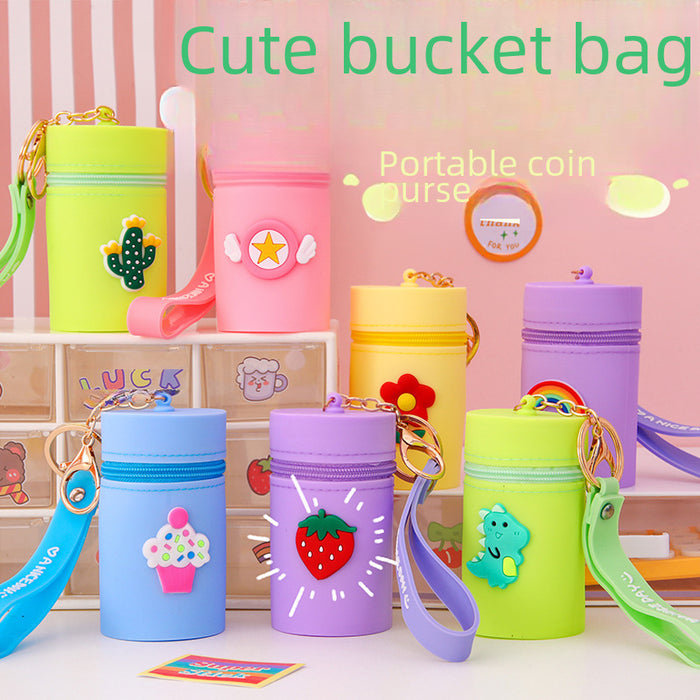 Wholesale Cute bucket bag portable bucket coin purse silicone coin bag headphone storage bag pendant keychain