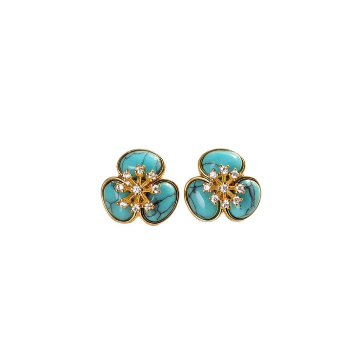 Wholesale Vintage Style Turquoise Inlaid Floral Earrings Copper Gold Plated Fashion Accessory