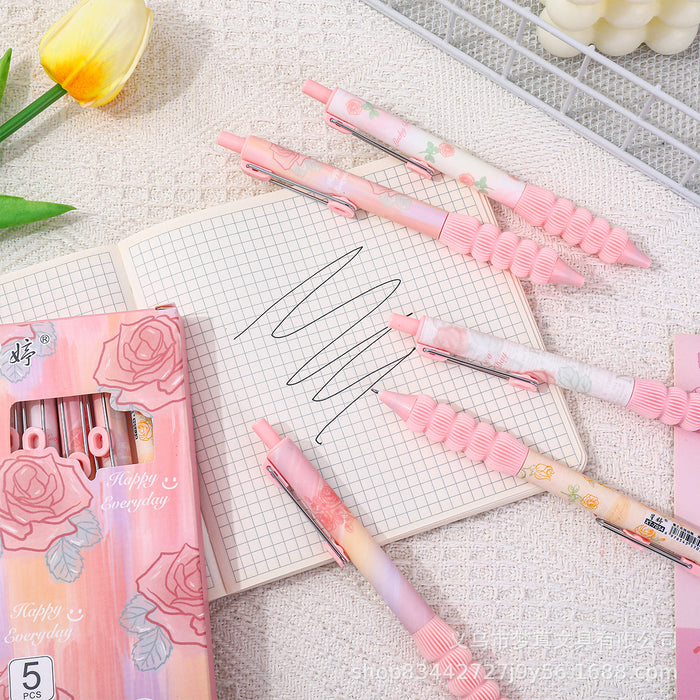 Wholesale 5pcs/set Steel Clip Pen Chandler Rose Gel Pen Quick-dry Brush Pen  Girl' s Heart Push Pen
