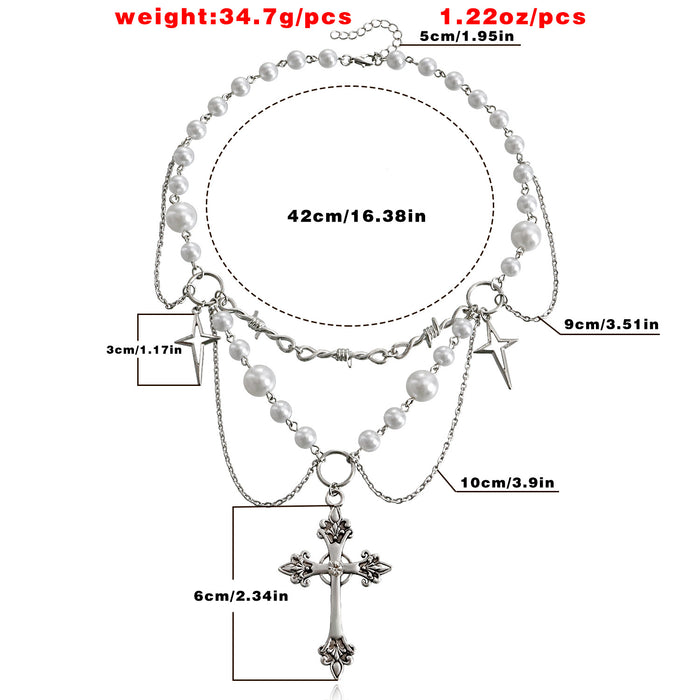 Wholesale Niche design double-layer high-gloss pearl tassel cross star cross necklace for women