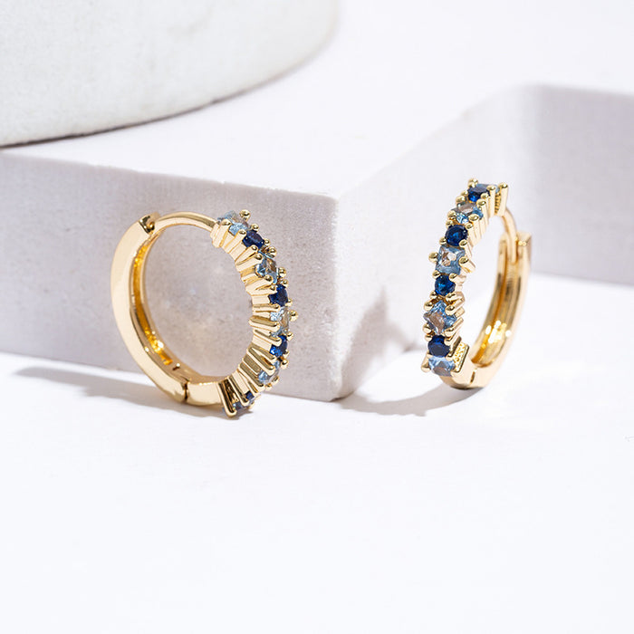Wholesale Inlaid square blue zircon ear buckle, simple circle ear buckle, trendy accessory