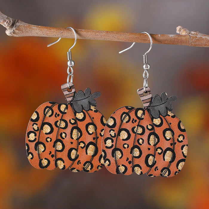 Wholesale Thanksgiving Autumn Harvest Leopard Print Pumpkin Pendant Earrings Wooden Double-Sided Earrings