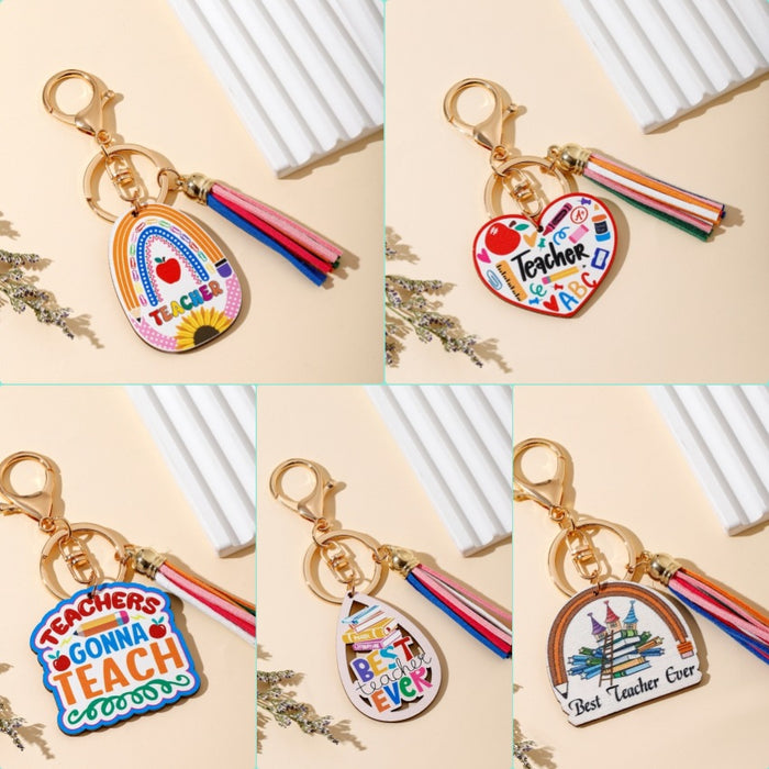 Wholesale Graduation Season Teacher Rainbow Wooden Sign Tassel Keychain JDC-KC-WoD003